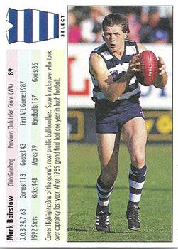 1993 Select AFL #89 Mark Bairstow Back